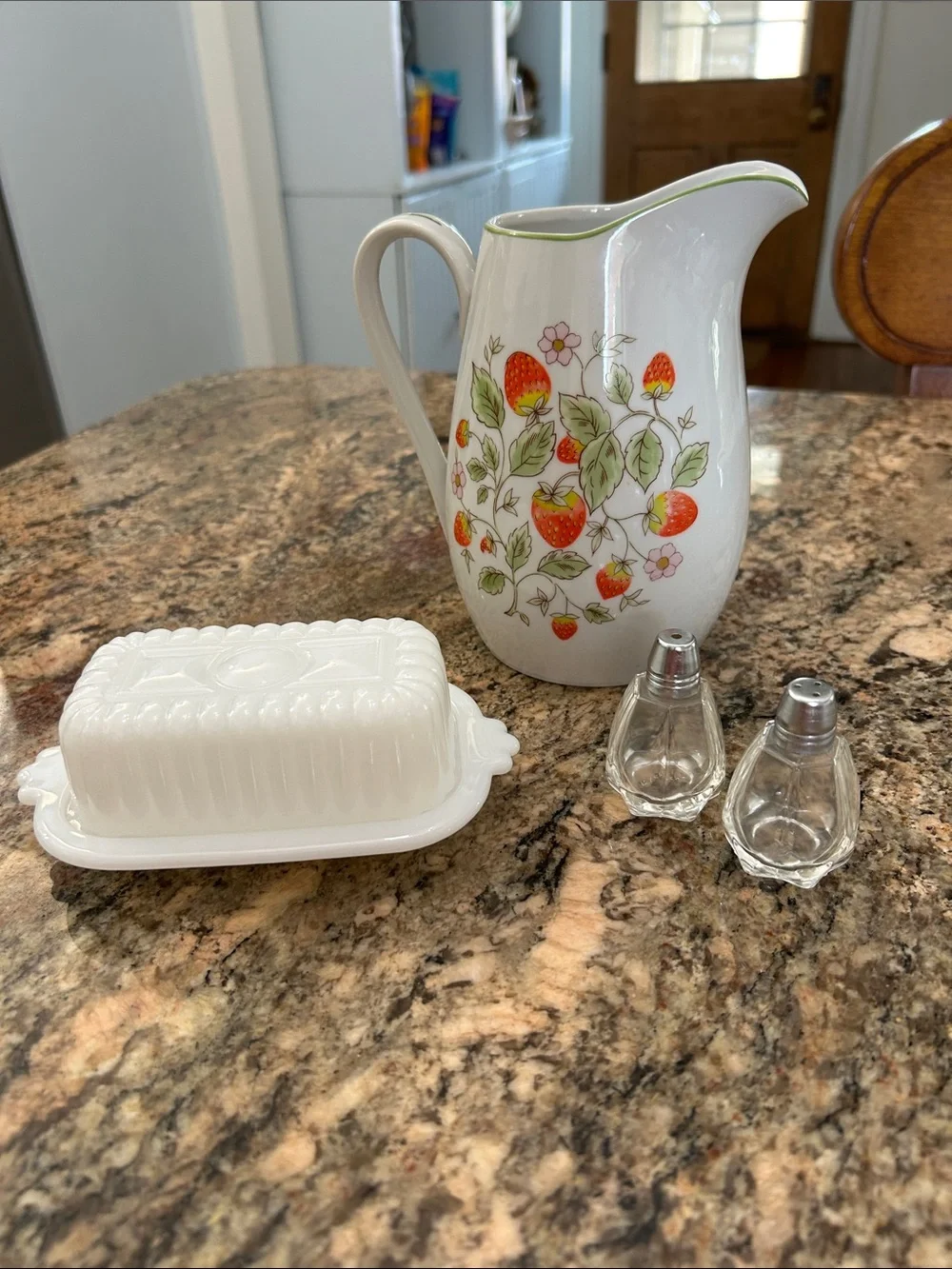 Hazel Atlas Half Stick Butter Dish w/Strawberry Pitcher and Salt & Pepper
